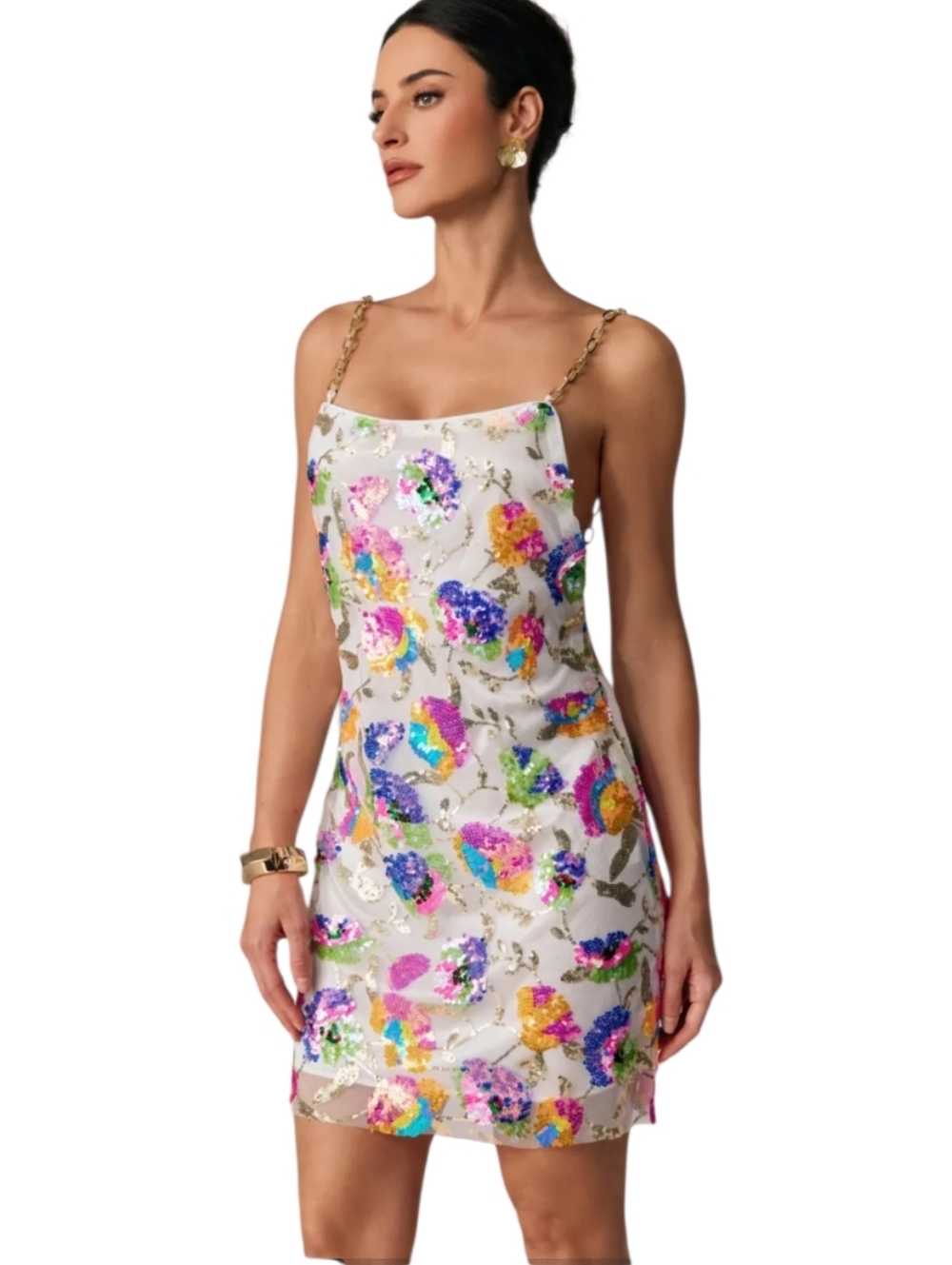 Nwot Sunfere White Multicolor Sequin Gold Chain Lined Mini Dress